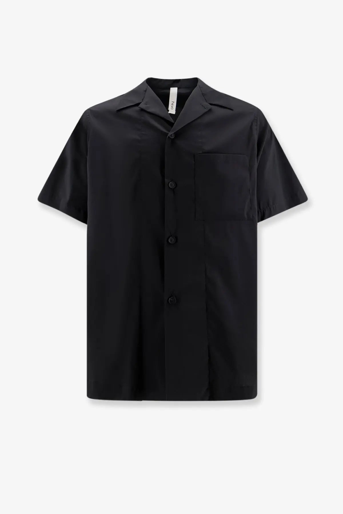 Hevò men’s black cotton blend short-sleeved shirt with collar chest pocket and buttons down the front