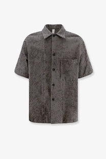 Hevò men’s cotton blend short-sleeved shirt in black and white checkered pattern with classic collar and chest pocket
