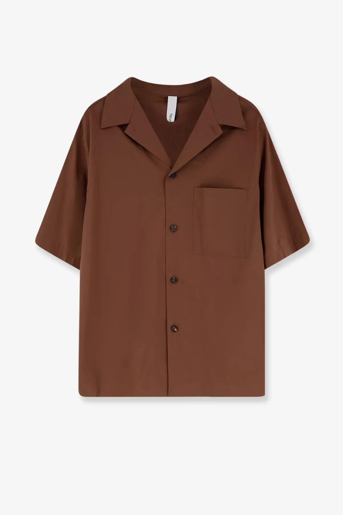 Hevò men’s cotton blend shirt in brown with short sleeves collar and chest pocket minimalist design
