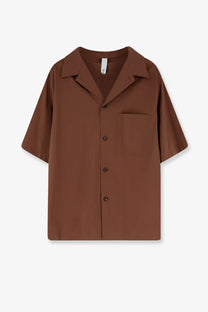 Hevò men’s cotton blend shirt in brown with short sleeves collar and chest pocket minimalist design