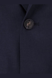 Dark navy linen jacket button with matte metallic finish engraved with fendi on hevò mens galatina linen suit blue