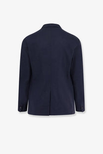 Hevò men’s galatina tailored navy blue blazer with classic collar and buttoned cuffs in linen and viscose blend