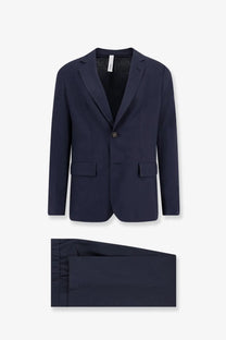 Navy blue two-piece suit with single button and flap pockets made of linen and viscose by hevò men galatina