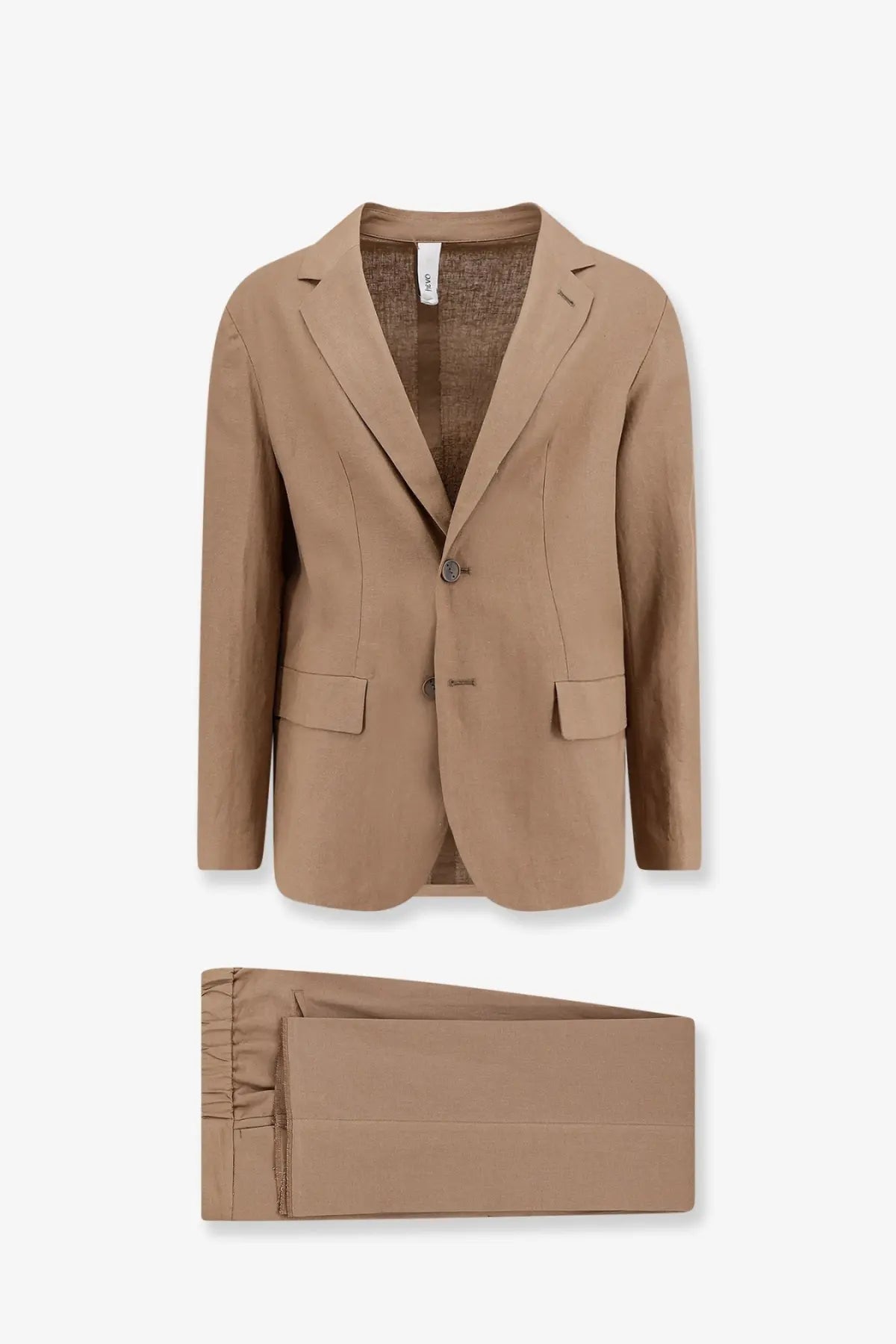 Tan linen suit with single-breasted blazer and matching trousers made from viscose and linen by hevò men