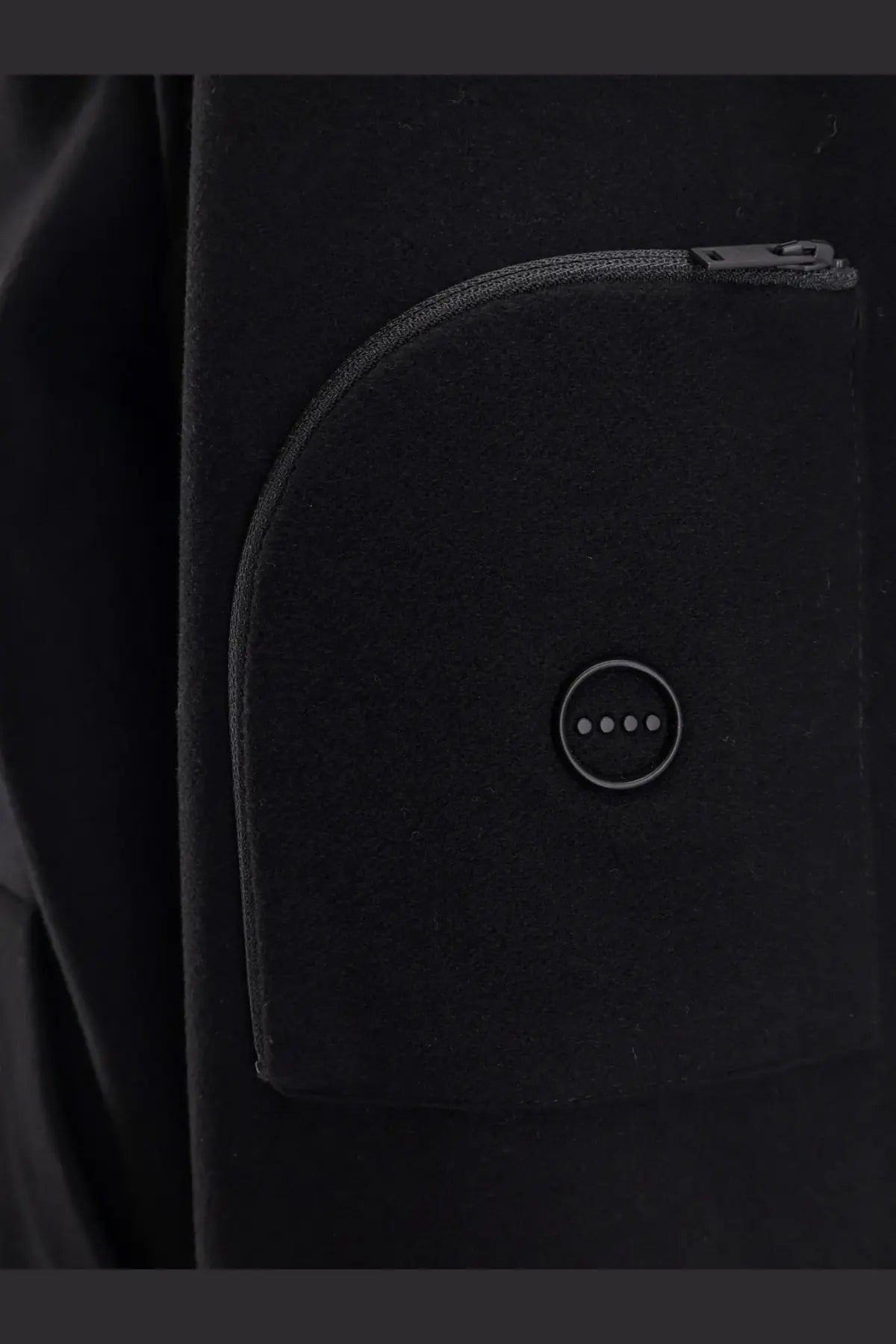 Hevò men’s grottaverde black virgin wool blend coat pocket with circular button featuring four dots and matching zipper
