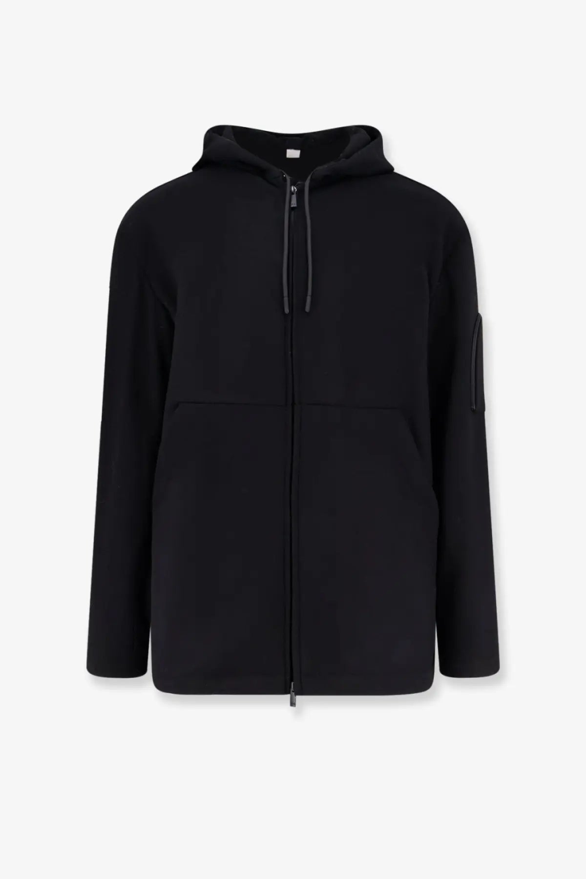 Hevò men’s grottaverde black zip-up hoodie with sleek minimalist design and subtle gray drawstrings in virgin wool blend