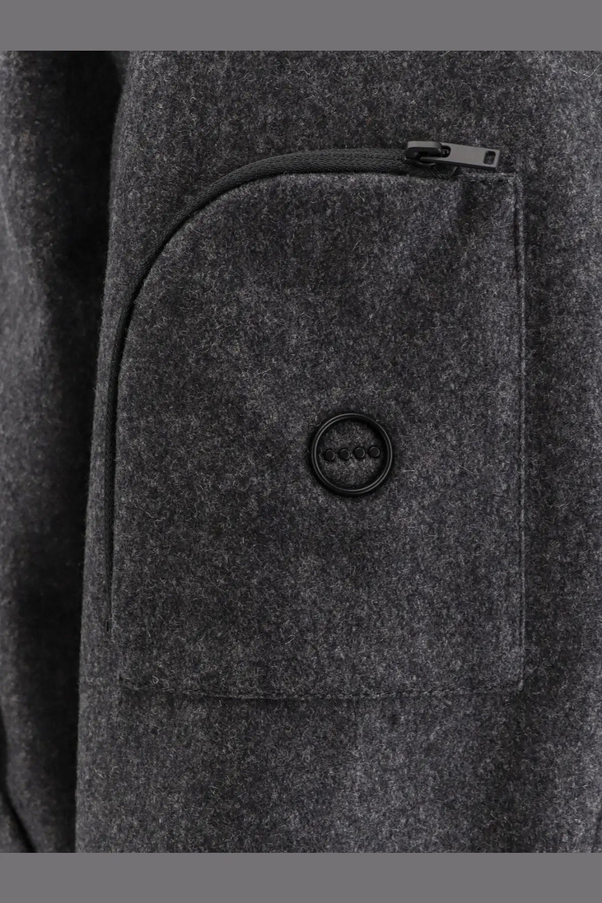 Hevò men’s grottaverde virgin wool blend coat grey showing dark gray woolen pocket with black zipper and brand button