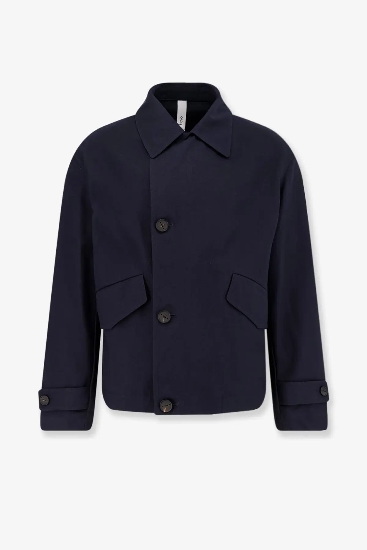 Hevò men’s Isola di San Pietro navy blue wool blend trench coat with black buttons and flap pockets
