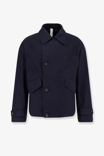 Hevò men’s Isola di San Pietro navy blue wool blend trench coat with black buttons and flap pockets