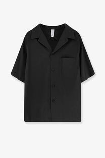 Hevò men’s black short-sleeved linen and viscose blend shirt with collar and chest pocket for casual wear