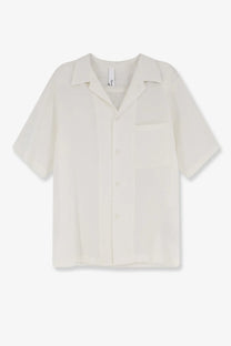 Hevò men’s cream-colored short-sleeved linen and viscose blend shirt with collar and chest pocket in white