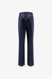 Hevò men’s navy blue satin linen and viscose trousers with elastic waistband and subtle sheen