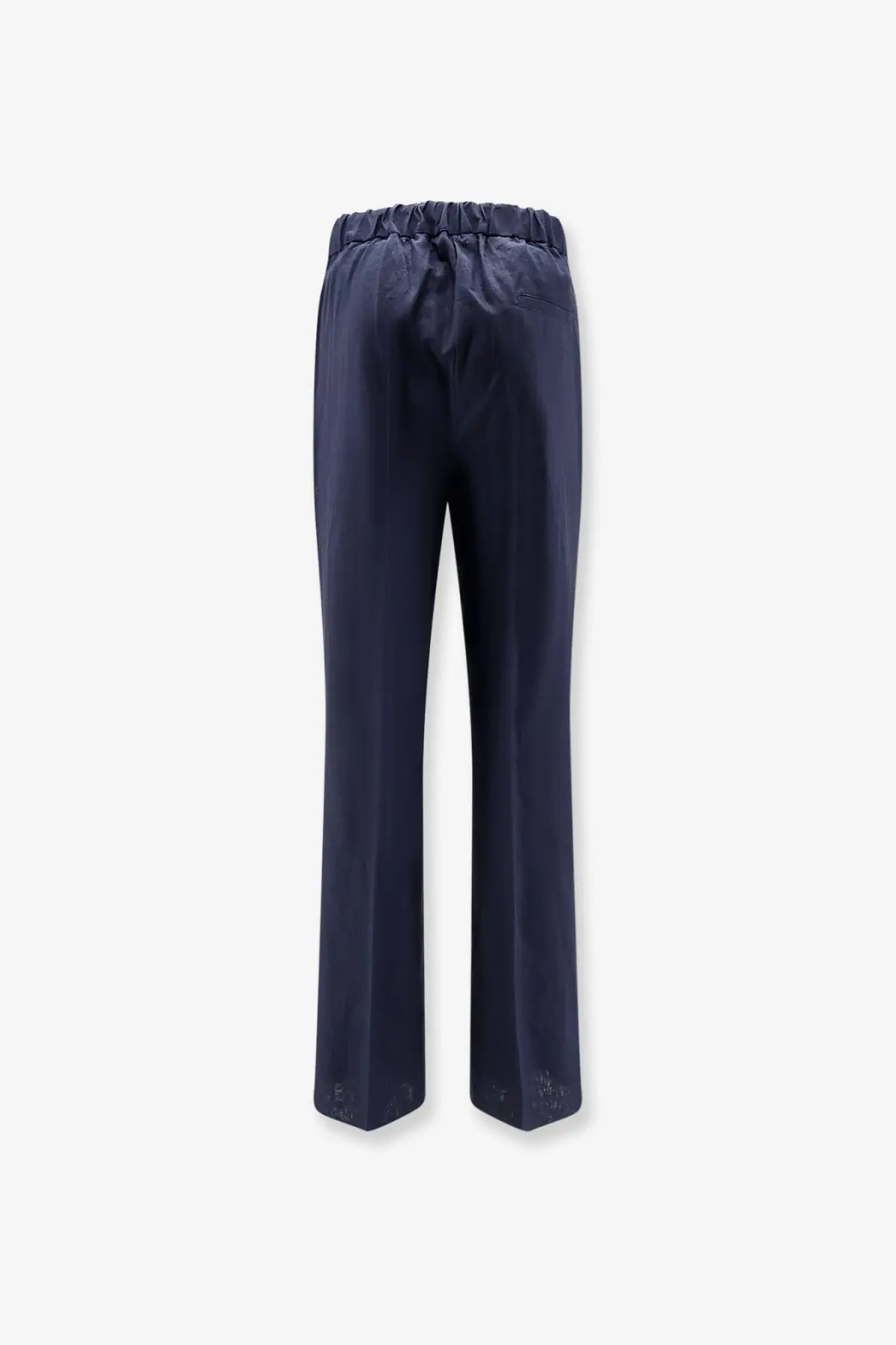 Hevò men’s navy blue satin trousers with elastic waistband made from linen and viscose with a subtle sheen