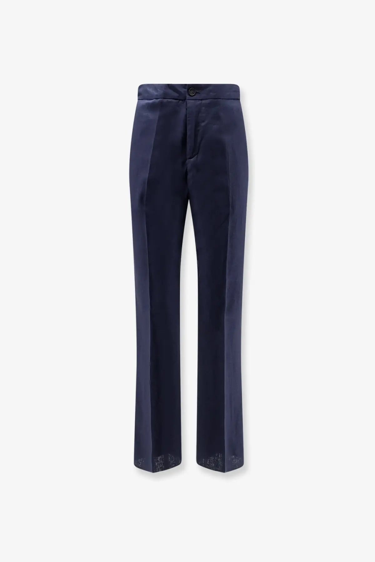 Hevò men’s navy blue tailored linen and viscose trousers with subtle sheen and lace trim at the cuffs