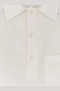 Hevò men’s montursi white linen and viscose shirt with a crisp textured weave and neatly stitched collar