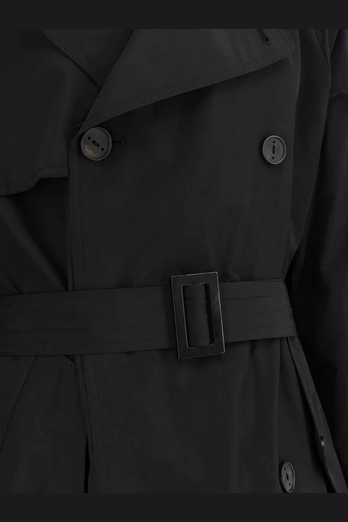 Hevò men’s motolese black trench coat with matte finish silver buttons and matching belt nylon and cotton blend