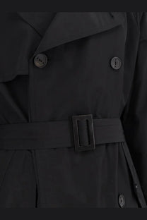 Hevò men’s motolese black trench coat with matte finish silver buttons and matching belt nylon and cotton blend
