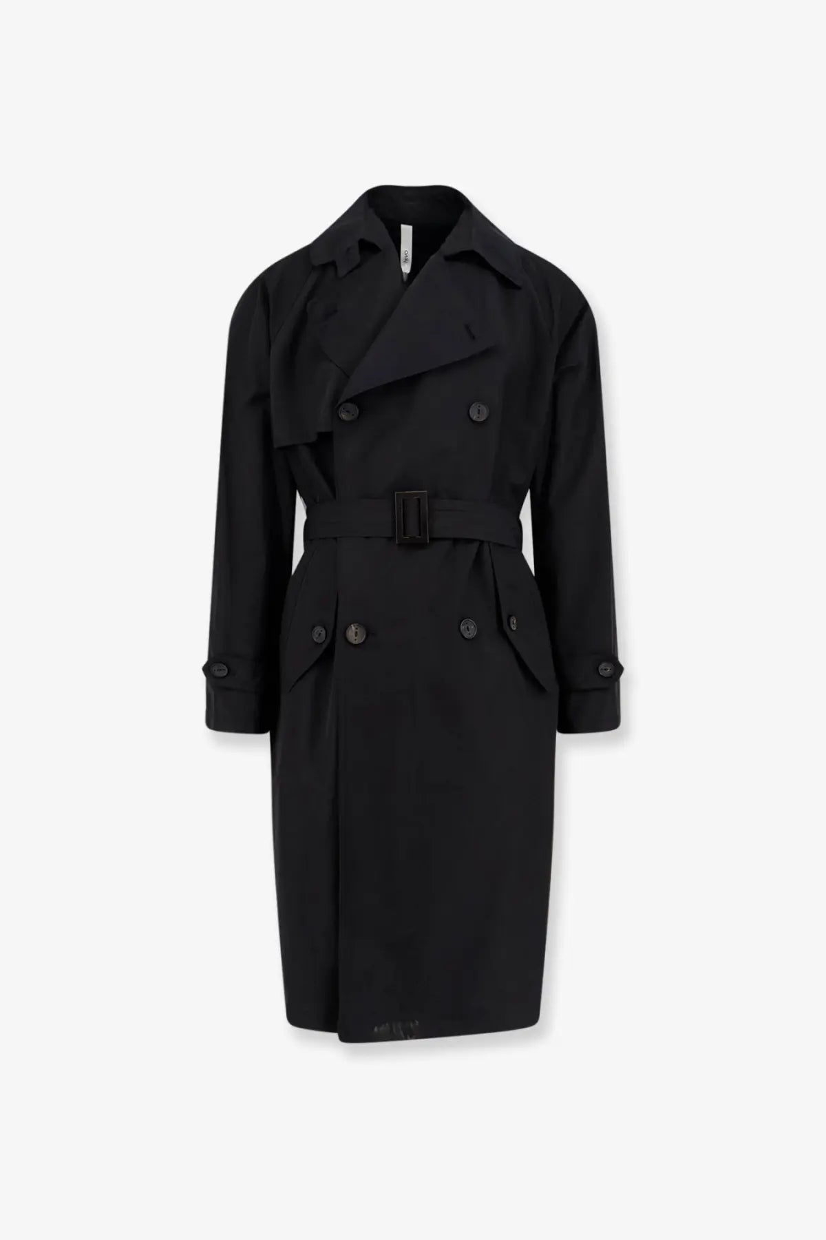 Hevò men’s motolese black double-breasted nylon and cotton trench coat with belted waist and classic collar