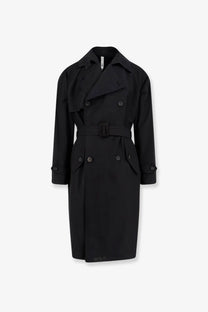 Hevò men’s motolese black double-breasted nylon and cotton trench coat with belted waist and classic collar