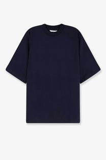 Hevò men’s Mulino cotton shirt blue oversized navy blue crew neck t-shirt front view in soft cotton fabric