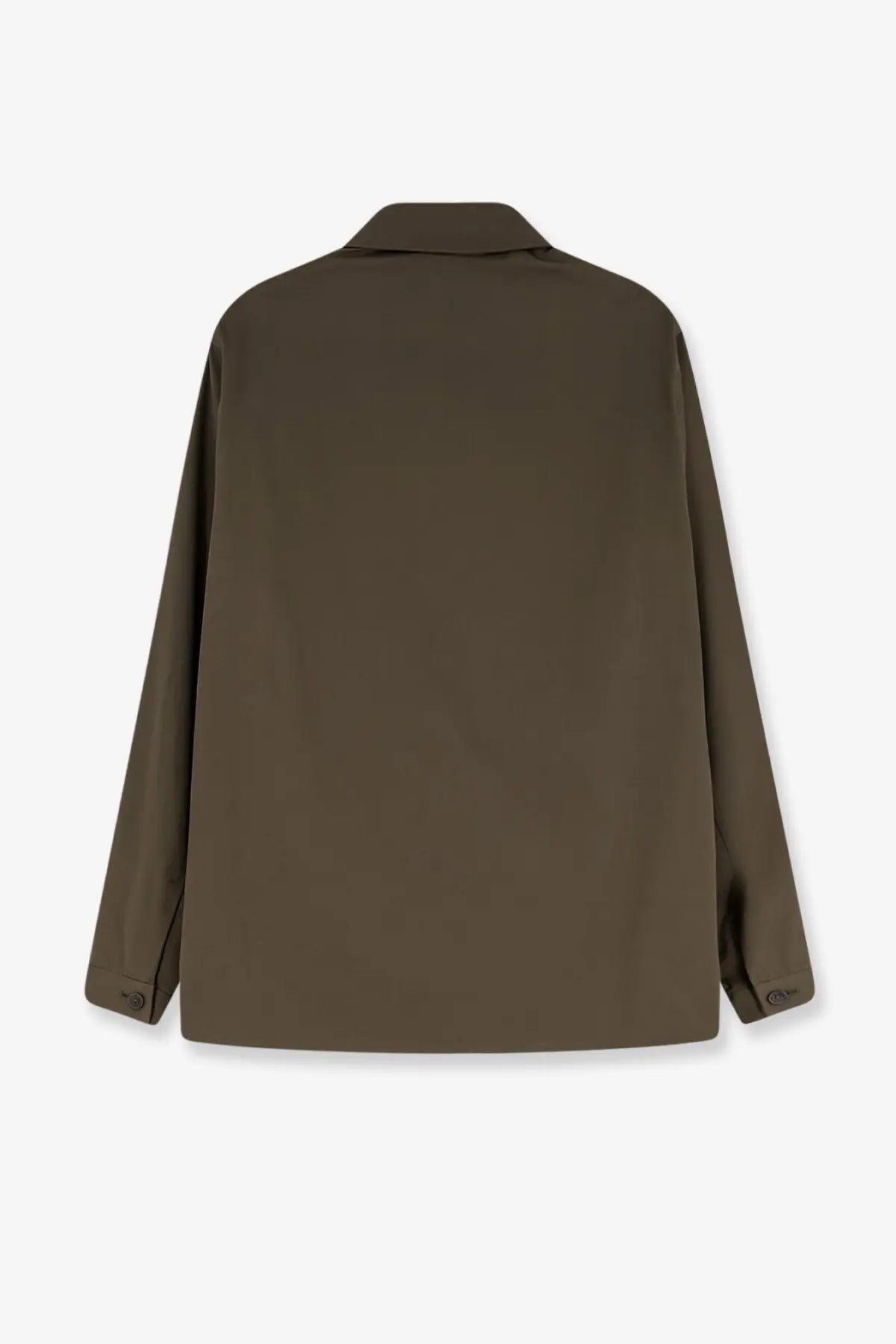 Olive green minimalist button-up jacket with structured collar and long sleeves in hevò mens specchiolla cotton shirt beige collection