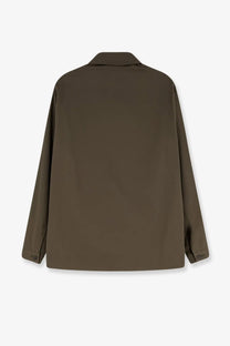 Olive green minimalist button-up jacket with structured collar and long sleeves in hevò mens specchiolla cotton shirt beige collection