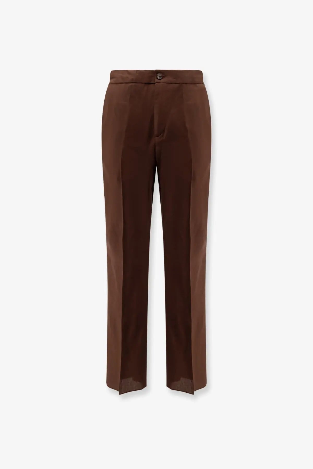 Hevò men’s torre chianca brown satin trousers with sleek straight-leg cut and single button waist closure