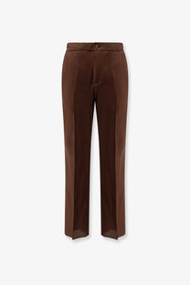 Hevò men’s torre chianca brown satin trousers with sleek straight-leg cut and single button waist closure