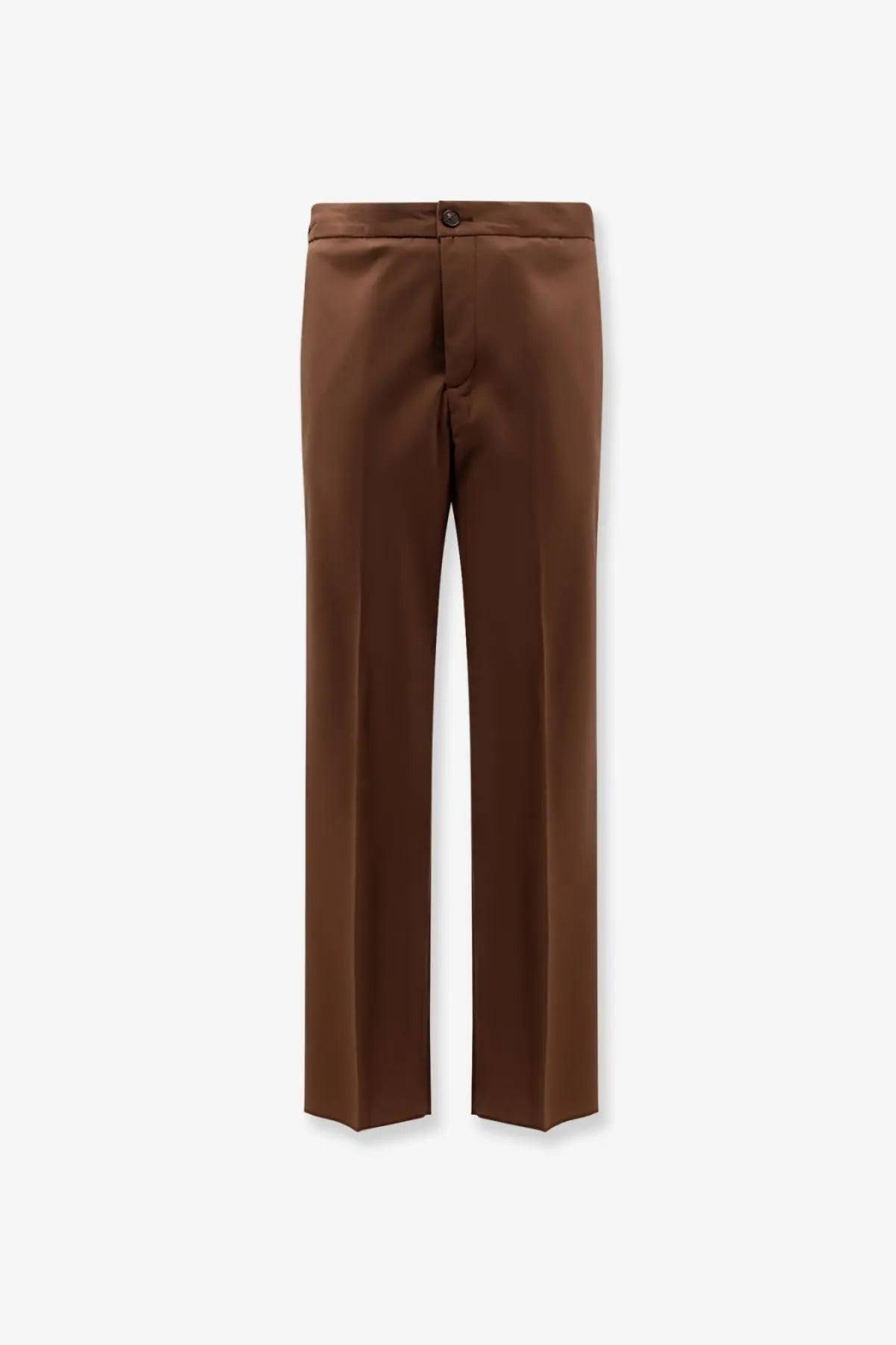 Hevò men’s torre chianca brown wool blend trousers with straight-leg cut smooth matte finish and button waist closure