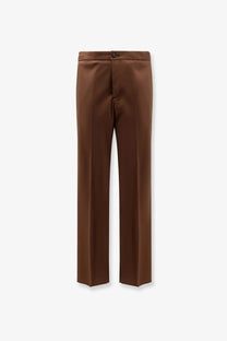 Hevò men’s torre chianca brown wool blend trousers with straight-leg cut smooth matte finish and button waist closure