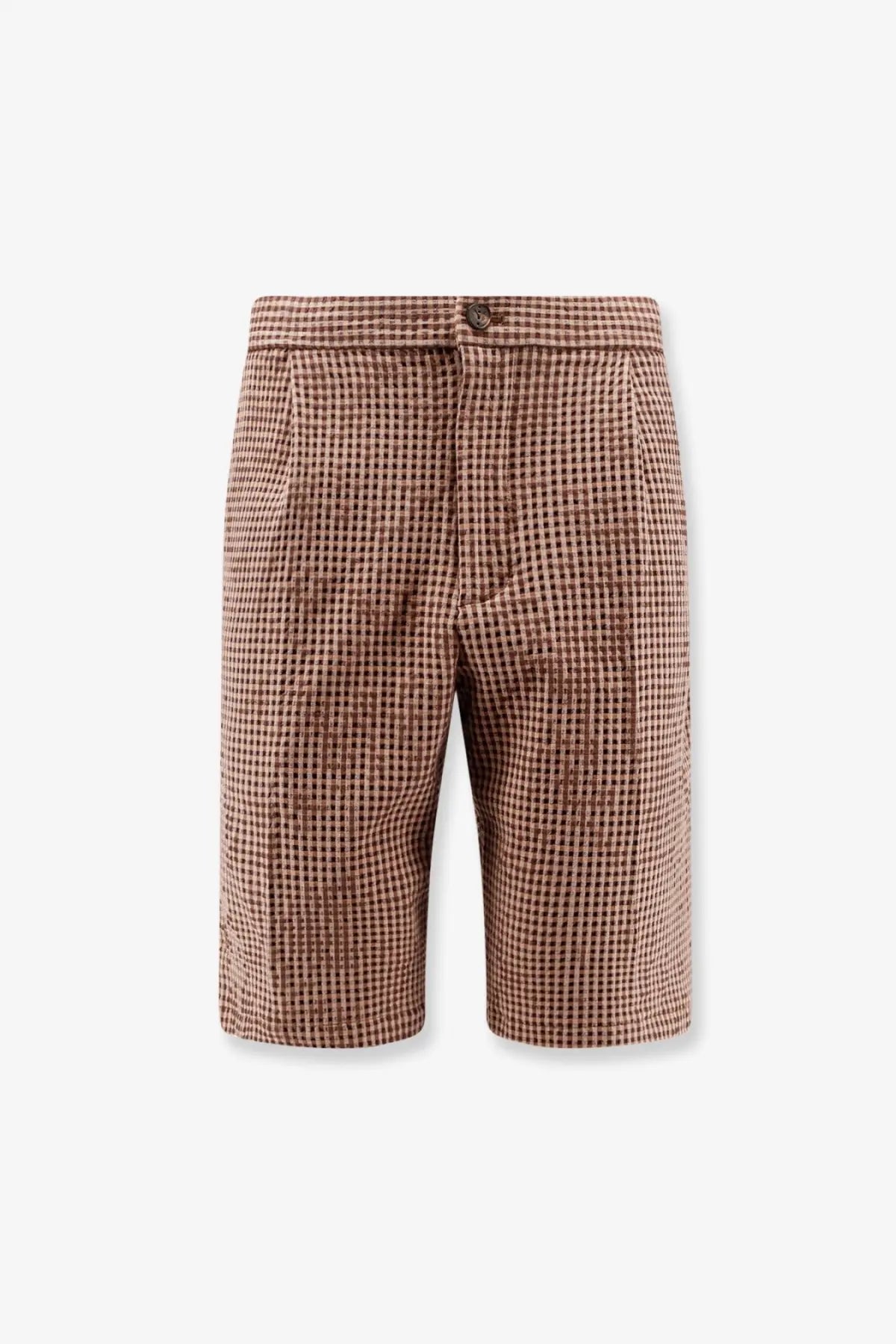 Hevò men’s torre lapillo checked shorts in beige with brown textured fabric and button closure