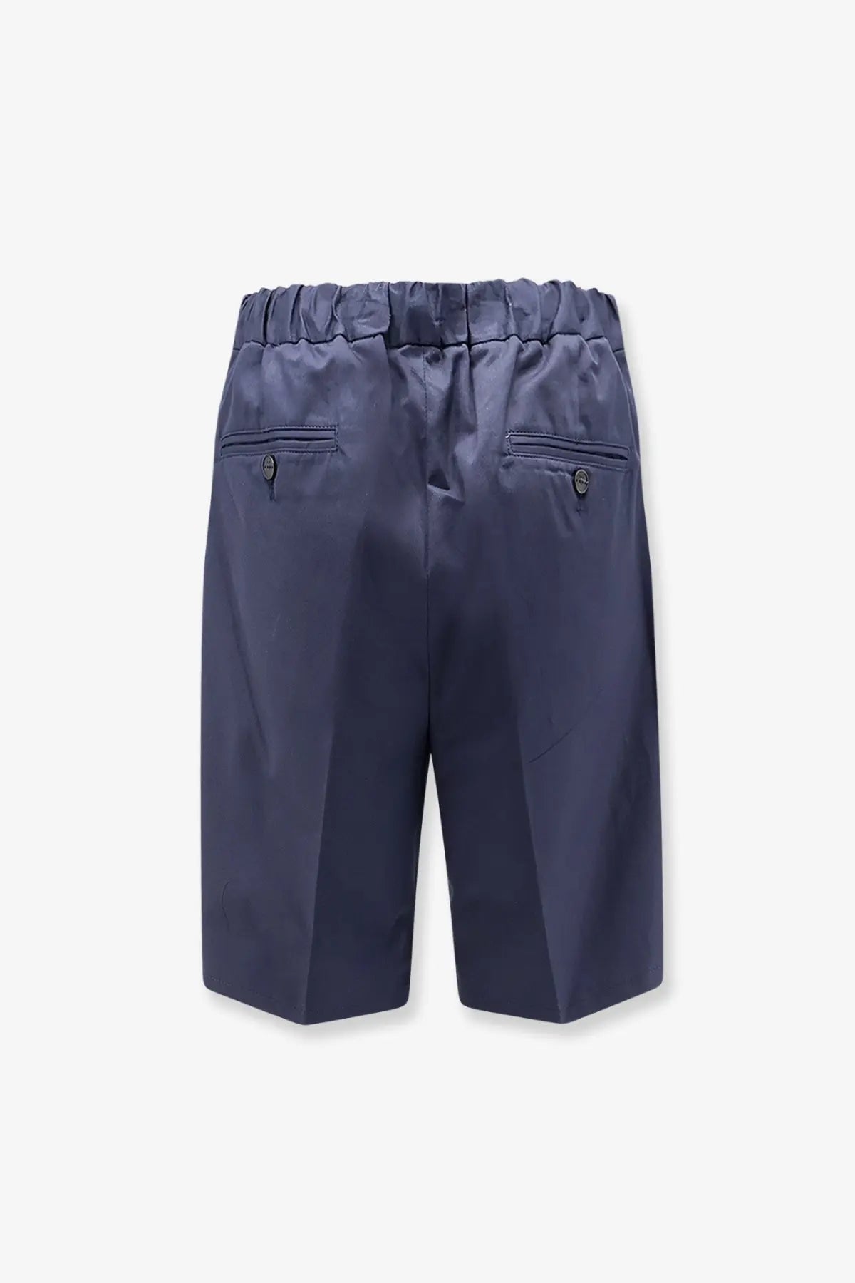 Back side of hevò men’s torre lapillo navy blue cotton shorts with elastic waist two back pockets and button accents