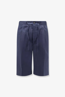 Navy blue pleated cotton shorts for men with drawstring waist and button closure by hevò