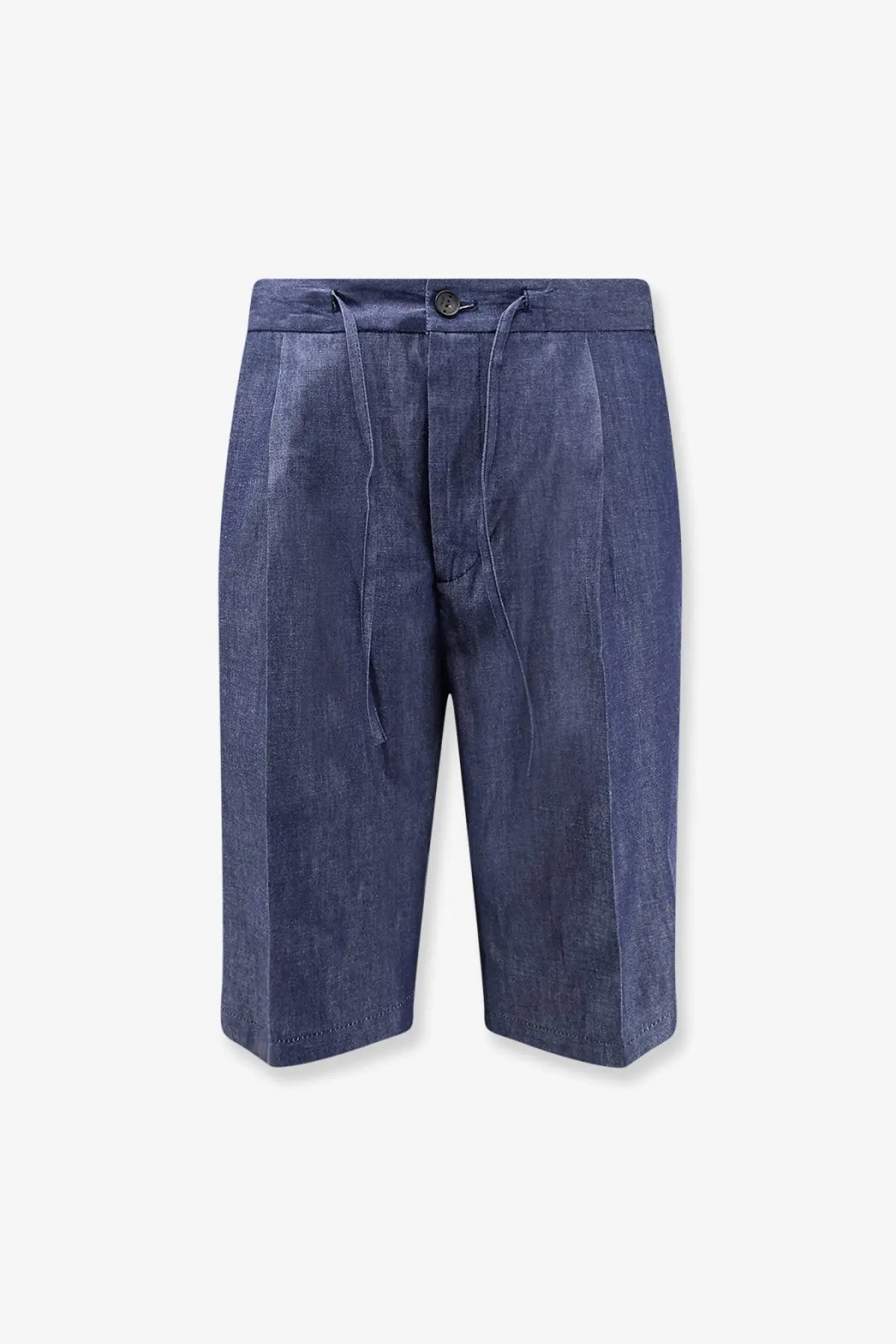 Hevò men’s torre lapillo cotton shorts blue with dark blue linen fabric drawstring waist and subtle pleats