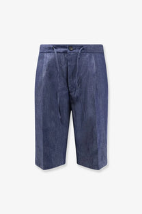 Hevò men’s torre lapillo cotton shorts blue with dark blue linen fabric drawstring waist and subtle pleats