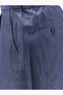 Hevò men’s torre lapillo blue cotton shorts featuring denim blue textured fabric with a black front pocket button