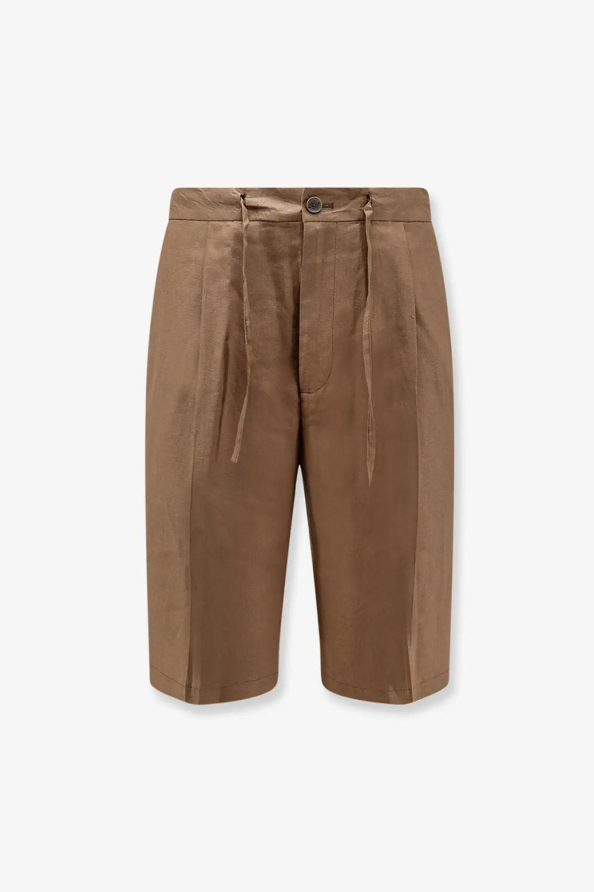 Hevò men’s torre lapillo tan pleated linen and viscose shorts with drawstring waist and button closure