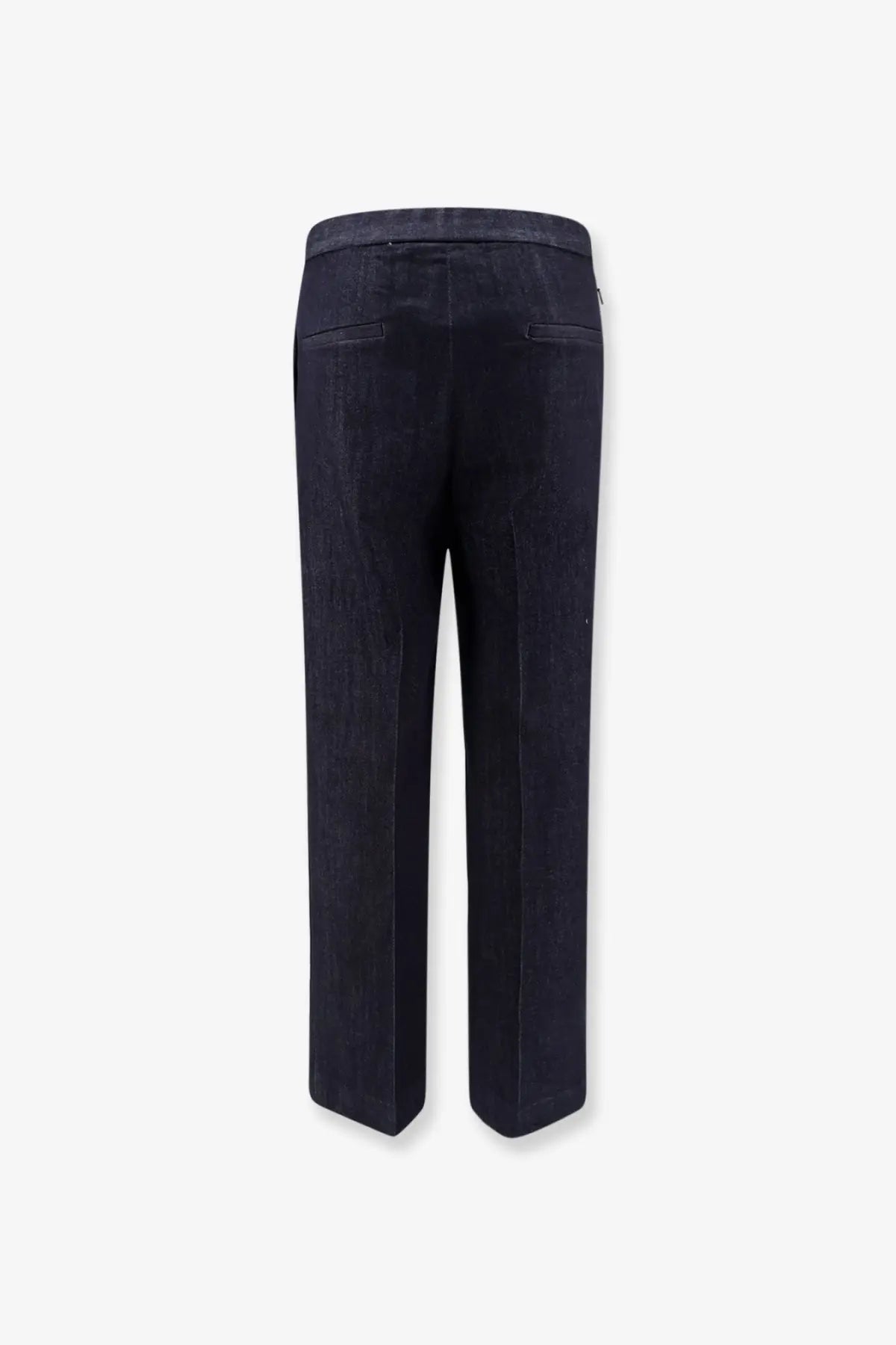Hevo men’s torresgarrata blue denim trousers in dark blue with straight-leg cut shown from the back with rear pockets