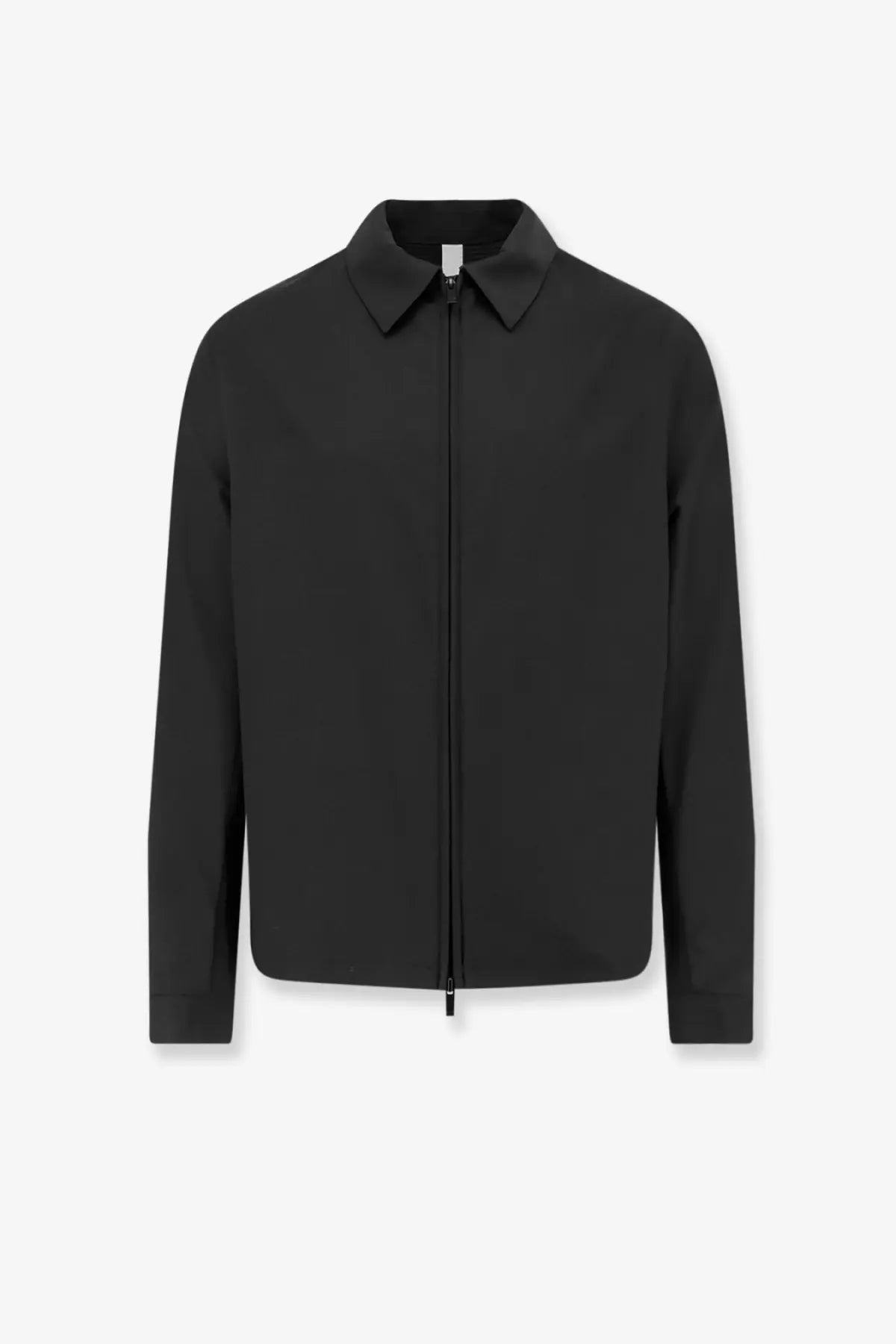 Hevò men’s verde mare black wool blend jacket with classic collar and minimalist zip-up design