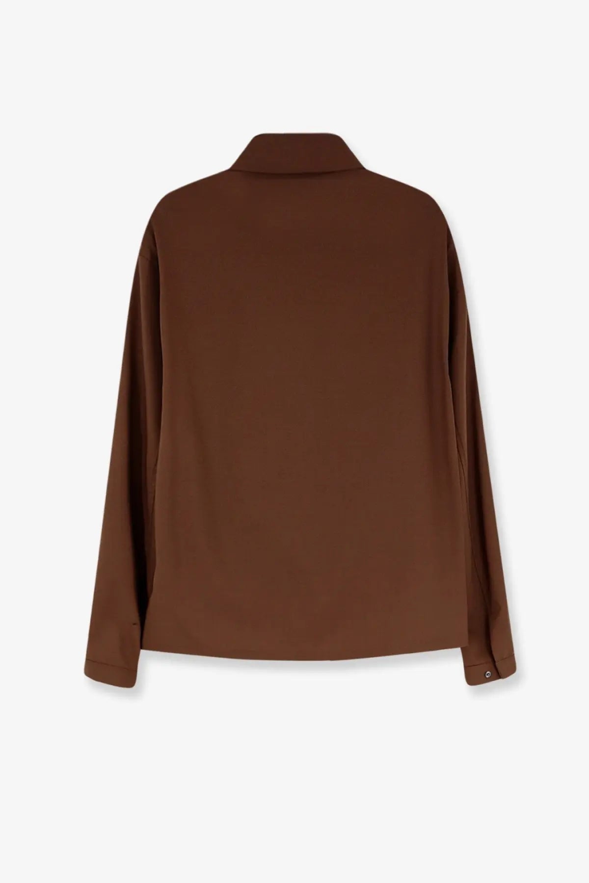 A sleek brown blouse with long sleeves soft smooth fabric and a classic collar complementing hevò men’s verdemare wool blend jacket