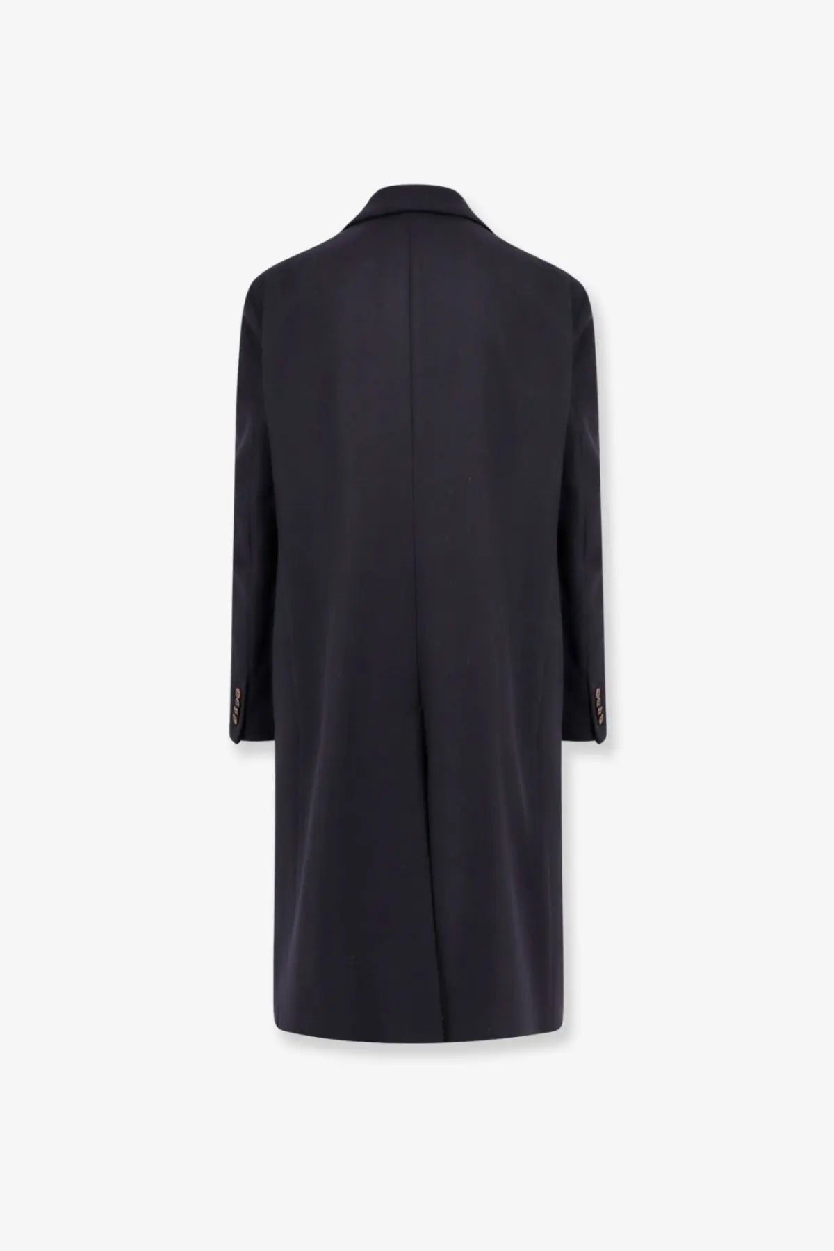 Hevò men’s black virgin wool overcoat with classic double-breasted design and subtle gold-toned buttons