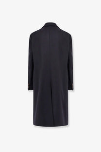 Hevò men’s black virgin wool overcoat with classic double-breasted design and subtle gold-toned buttons