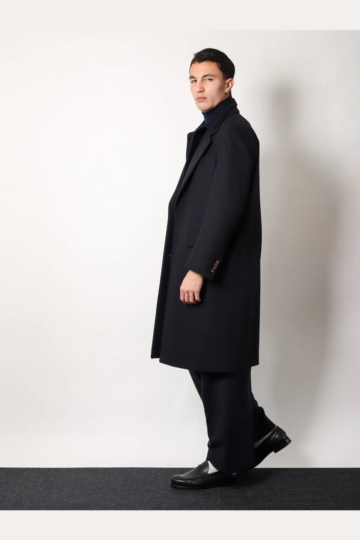Black wool overcoat with classic notched lapel and single-breasted design from hevò mens virgin wool coat blue collection