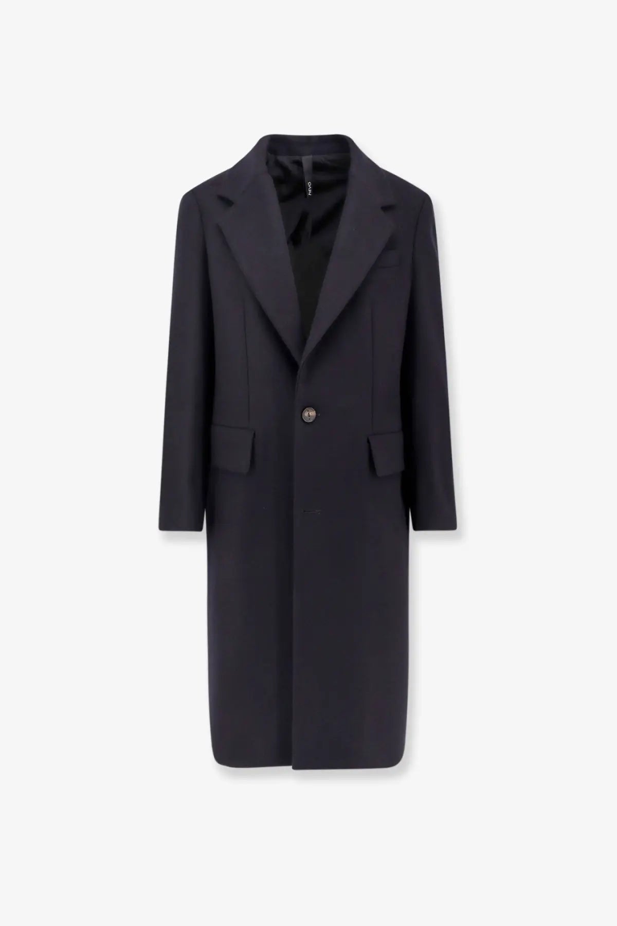 Black wool overcoat with notched lapels and single button closure from hevò men’s virgin wool coat blue collection