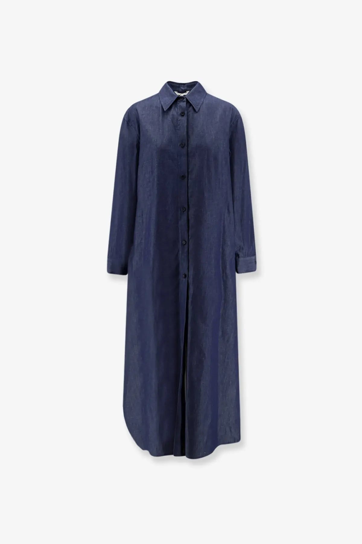 A navy blue Hevò womens Arigliano cotton chemisier dress with long sleeves classic collar and button-down front