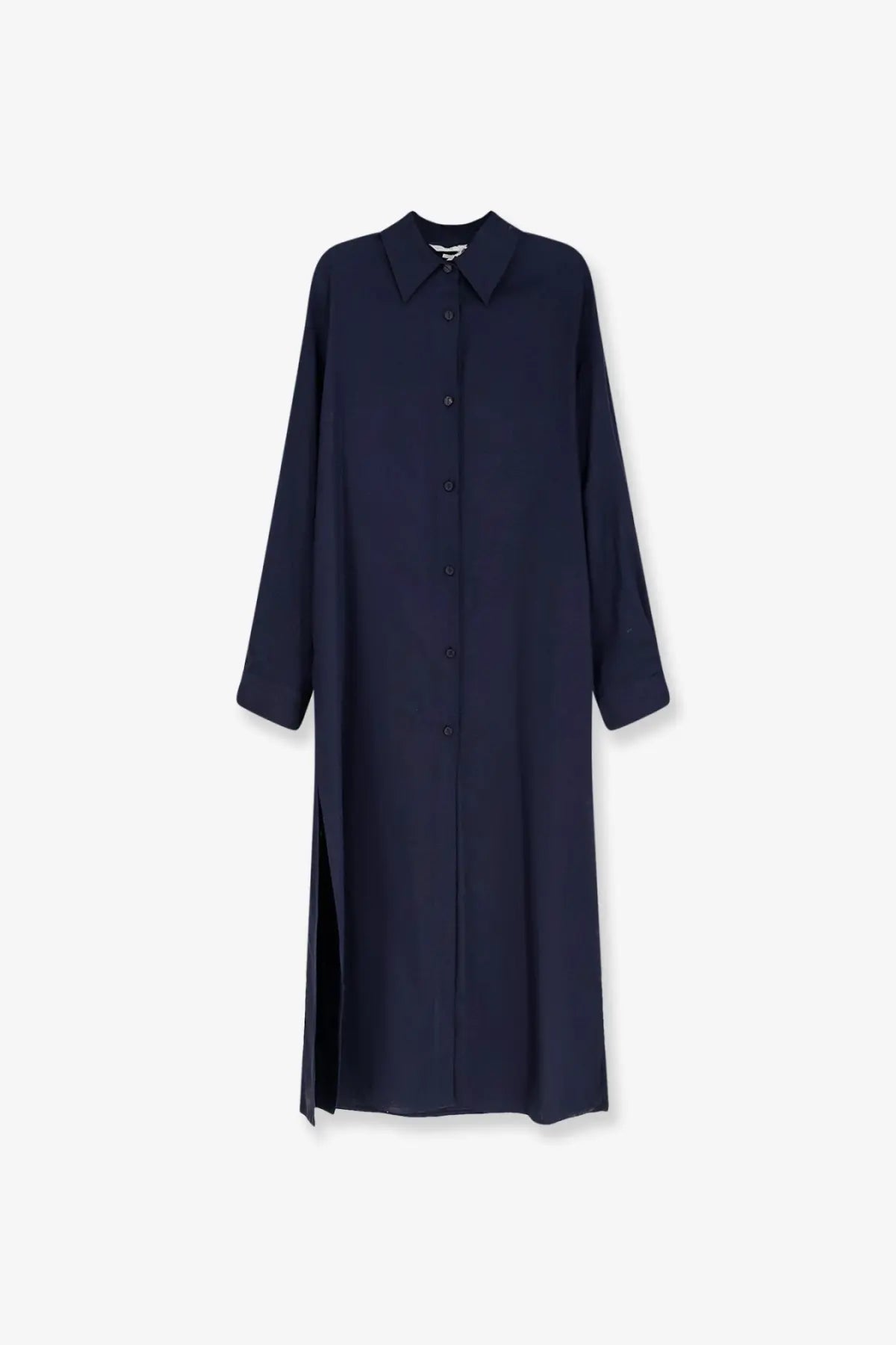 Hevò womens navy blue linen and viscose chemisier dress with long sleeves classic collar and side slit