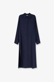 Hevò women’s arigliano navy blue linen and viscose long-sleeved button-down dress with classic collar and side slit