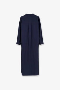 Hevò womens arigliano linen and viscose navy blue long sleeve button front dress with pleat back and rolled cuffs