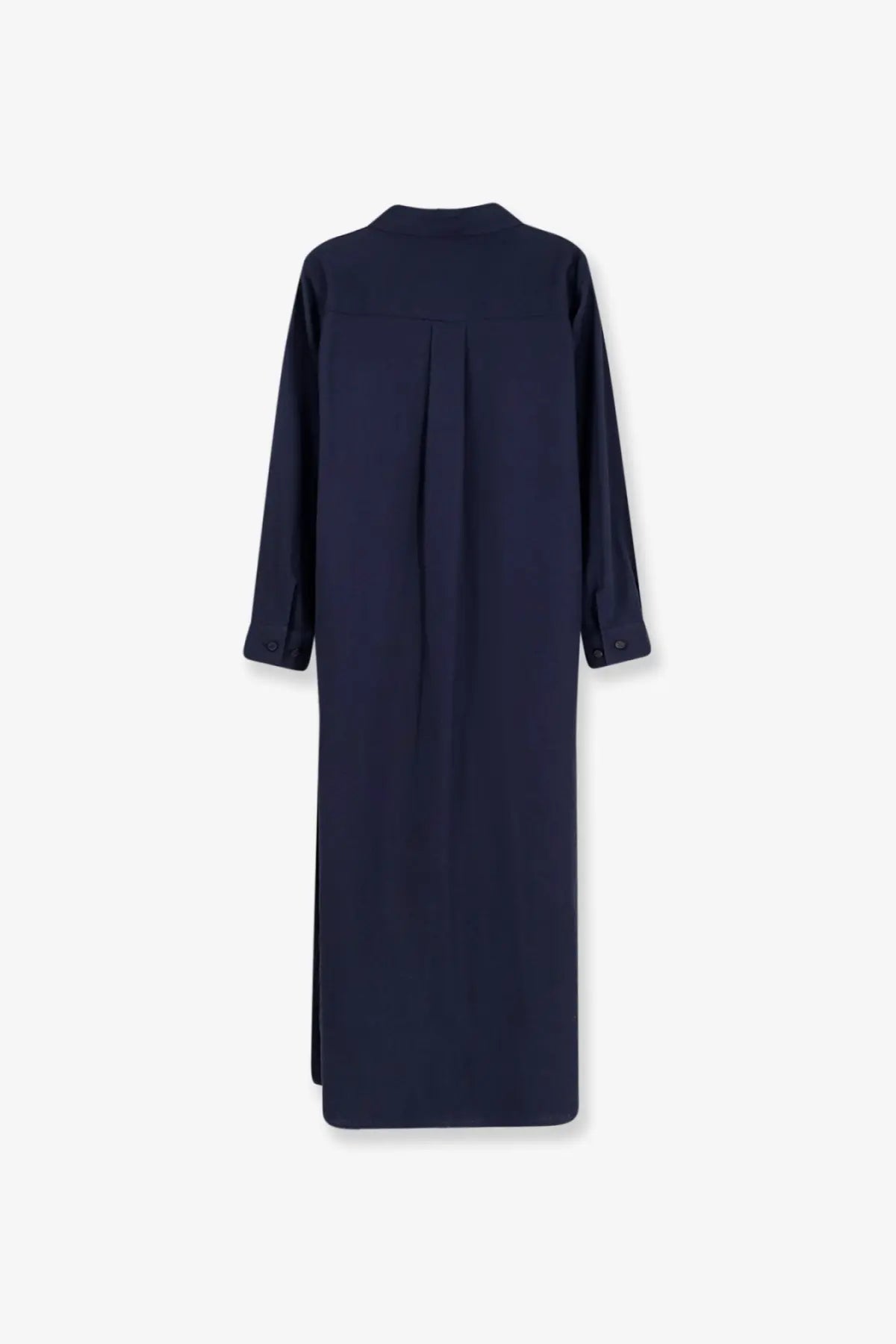 Hevò women’s Arigliano navy blue linen and viscose long-sleeved chemisier dress with back pleat and rolled cuffs