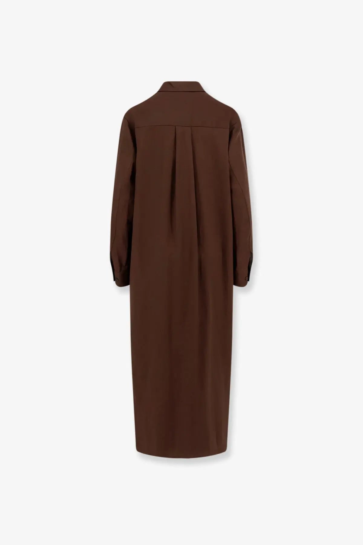 Hevò women’s Arigliano brown linen and viscose chemisier dress showing back with classic collar and subtle pleats